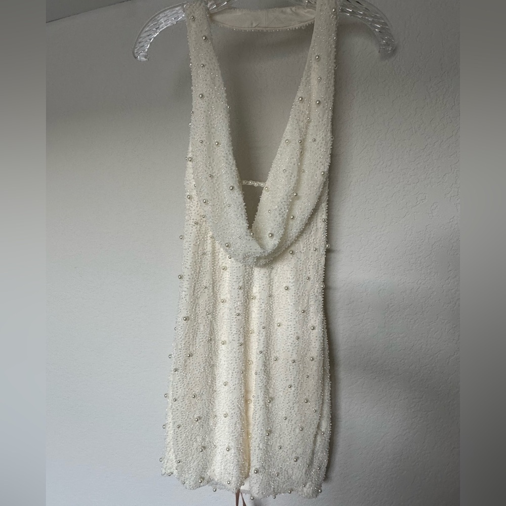 Oh Polly Cream Mini Dress with Pearl Details